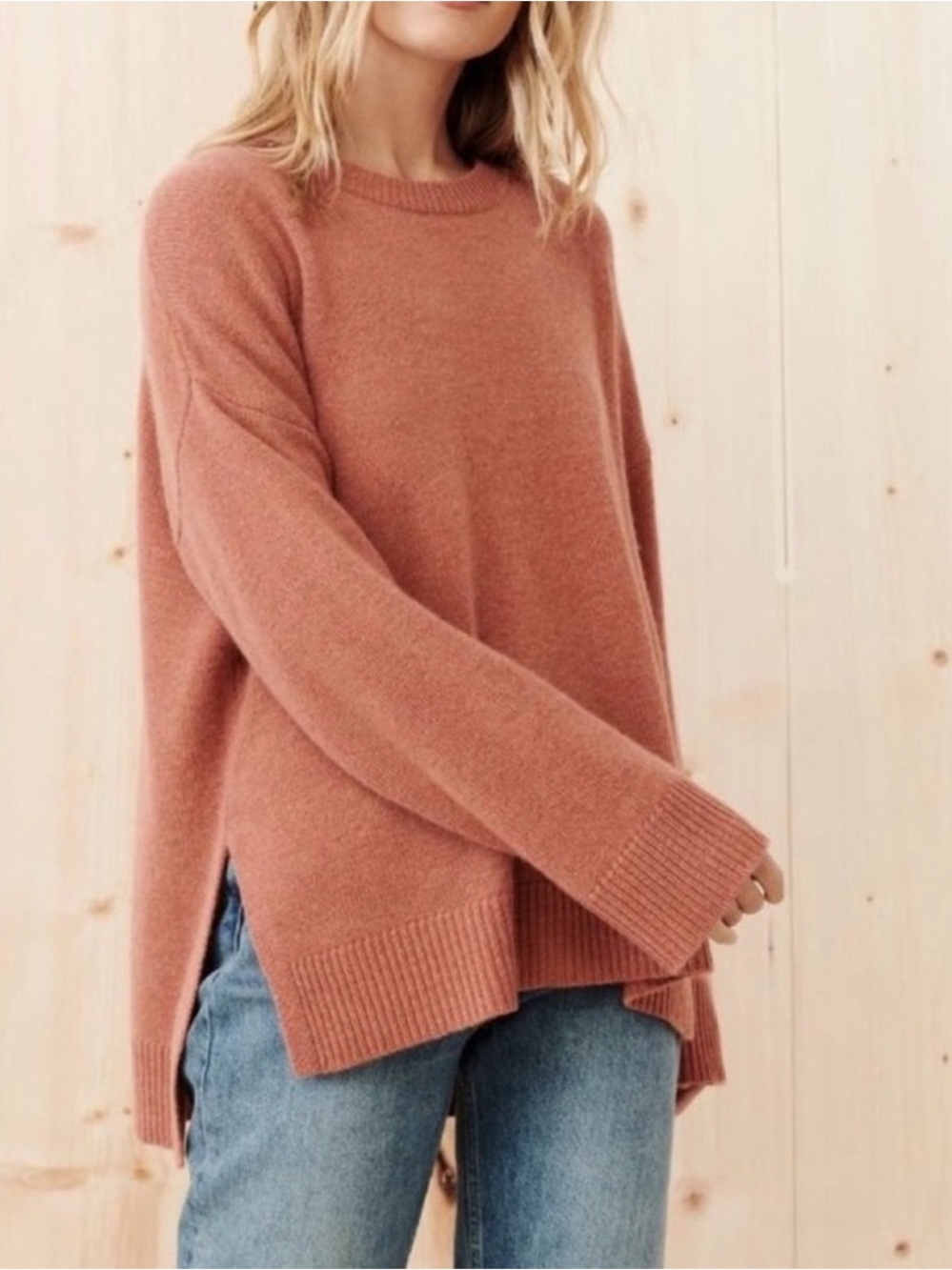 Jenni Kayne 100% Cashmere Boyfriend Sweater Women's Small Oversized Rose Crew